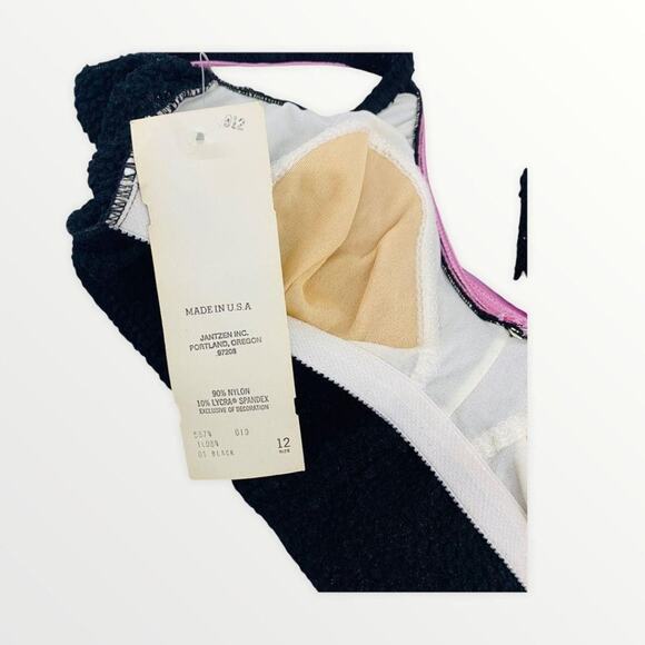 Vintage Jantzen One Piece Swimsuit Solid Black Pink Belted Sz 12 70’s 80’s - Picture 7 of 11